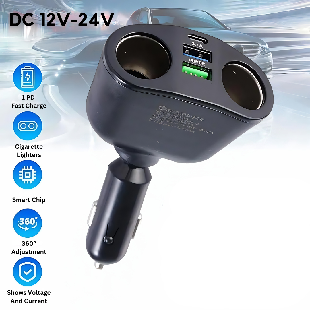 5-In-1 Car Charger Cigarette Lighter Socket Splitter 1 PD USB Charging Ports