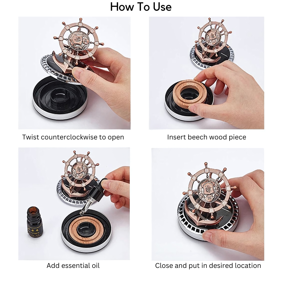 Solar Powered Car Air Freshener Retro Ship Rudder Rotating Diffuser