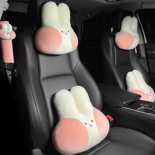 Cute Cartoon Rabbit Car Head Pillow, Back Pillow, Seat Belt Cover