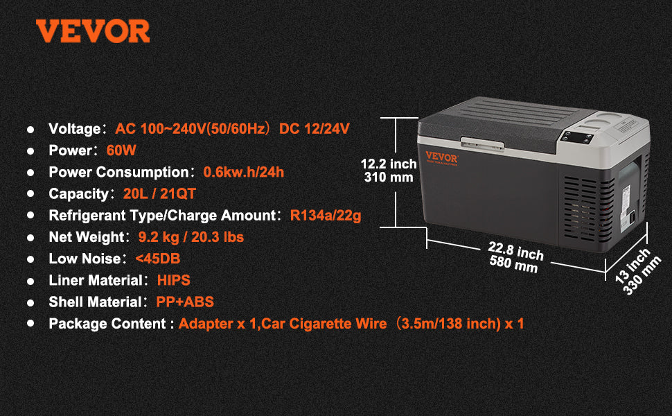 VEVOR 20L Portable Camping Car Refrigerator Compressor Fridge Freezer Cooler Ice Box