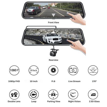 10 Inch Mirror Dash Cam Touch Screen 1080P Rear View Mirror Camera Front and Rear Dual Lens 24H Parking Monitor and Night Vision